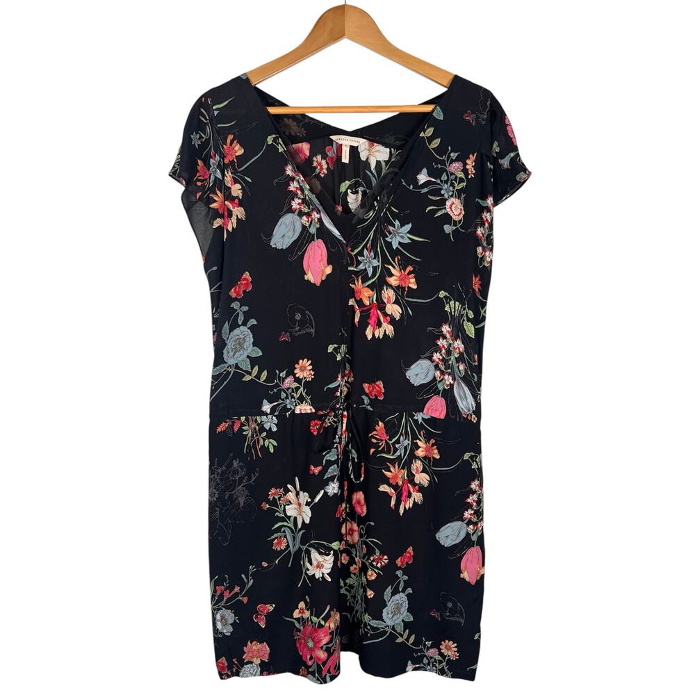 Rebecca Taylor Womens 100% Silk Floral Black Cap Sleeve V Neck Dress size 8